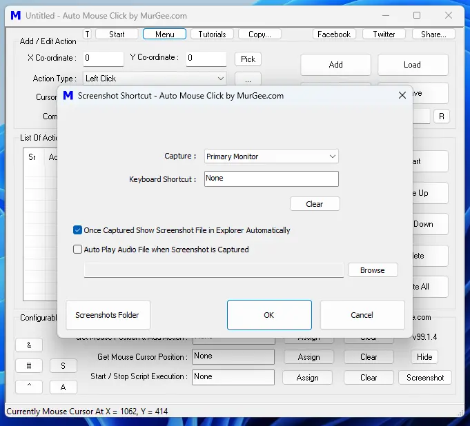 Configurable Keyboard Shortcut to Capture Screenshot in Auto Mouse Click Application Utility